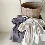 MQTIME  -  Summer Korean Style Baby Girls Cotton Dresses Puff Sleeve Solid Color Kids Robe Children Casual Dress