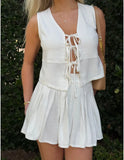MQTIME  -  New women's lace-up cotton linen tank shorts set Pleated skirt 2pcs Y2K women's set