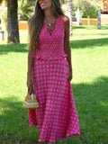  MQTIME  -  Vintage Printed High Waist Midi Skirts 2 Piece Sets For Women New V Neck Tied Short Top Holiday Summer Woman Outfits