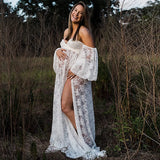  MQTIME  -  Maternity Dress Soft Stretchy Lace Off Shoulder Doubly Split A line Skirt Pregnancy Maxi Gown for Photoshoot
