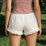 MQTIME  -  Elastic Waist Drawstring Low Waist Thin Versatile Hot Pants Women's Hollow Ruffle Edge Lace-up Beach Shorts