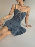 MQTIME  -  Thin waist, long legs, sexy, sweet and spicy style denim camisole dress, tie up strapless A-line skirt, summer spicy girl