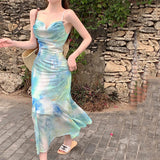 MQTIME  -  French tie dyed flower suspender chiffon dress for women's summer vacation dress backless fishtail dress