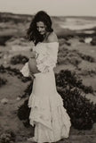  MQTIME  -  Maternity Photoshoot Dress Shed Gypsy Set Women's Boho Western Two-Pieces Cream Layered Ruffle Maxi Skirt For Pregnancy Session
