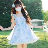 MQTIME  -  Party Mini Dresses Women Sweet Bow Floral Printed Ruffles Flying Sleeve Square Collar Princess Elegant Dress Female