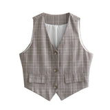 MQTIME  -  Summer Women Chic Plaid Casual V-Neck Sleeveless Vest Dew Shoulder Single Breasted Female Casual Pockets Short Vest Mujer
