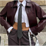 MQTIME  -  Casual Pu Leather Jackets Women Loose Zipper Lapel Long Sleeves Coats Female Autumn Winter Solid Cool Streetwears Lady