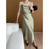 MQTIME  -  Light Luxury Satin Waist Slim Hanging Strap Long Dress 2024 Spring