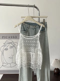  MQTIME  -  Sweet Flower Hollow Out Gauze Solid Sheer Loose All Match Summer Tanks