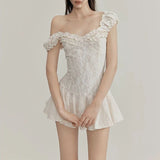MQTIME  -  Sweet French High End Jacqard Slash Neck Short Dress Elegant Heavy Flower Lace Splicd Pleated Short Dress Y2k Thin Punk Clothes