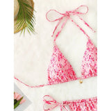 MQTIME  -  Women's Y2K Floral Print Brazilian Bikinis Set Lace-up Halter Neck String Swimsuits Summer Two Piece Bathing Suit