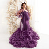 MQTIME  -  Purple Mermaid Maternity Photoshoot Dress for Pregnancy Women Babyshower Gown Tiered Tulle Cape 2025 Maternity Dresses
