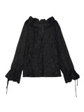  MQTIME  -  New Elegant Black With Buttons Semi-Sheer Embroidered Lace Top Sexy Cardigan Cuffs Tie Long Sleeve Shirt Summer Women's Clothing