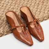 MQTIME  -  Vintage Brown Soft Leather Mules Women Square Toe Buckle T Strap Low Heel Slingback Slippers Female Casual Outdoor Slides Shoes