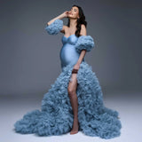 MQTIME  -  Dusty Blue Mermaid Maternity Dress Photoshoot Detachable Sleeves Puffy Tulle Maternity Dresses Elegance Pregnancy Shoot Dress