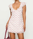 MQTIME  -  Luxury Women Casual Dot Print Short Dress Lace Slim V Neck Flying Sleeve A-line Mini Dress for Daily Party Club