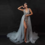 MQTIME  -  Maternity Dresses Women Photoshoots Beaded Lace Applique Pregnant Dress Detachable Overskirt Sexy Slit Maxi Dress