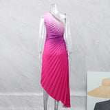MQTIME  -  One Shoulder Pleated A-line Party Dress Sleeveless Elegant Evening Vestidos Backless Gradient Color Femme Club Dress