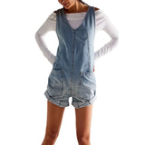 MQTIME  -  Fashion Denim Jumpsuits V Collar Sleeveless Autumn Playsuits Pockets Oversized High Street Rompers Boho Bodysuits
