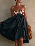 MQTIME  -  Sexy Straps Backless Vacation Dress Chic Contrasting Color Off Shoulder Pleated Dress Retro Polka Dot Sleeveless Umbrella Dress