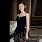 MQTIME  -  Black Luxury Celebrity Dress Embroidery Strapless Sleeveless Floor Length Ball Gown A Line Slim Waist Evening Party Prom Gowns