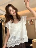  MQTIME  -  Summer Vacation Vintage Embroidery Crochet Solid V Neck Short Sleeve Women Blouse