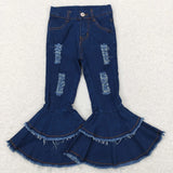  MQTIME  -  Baby Girls Denim Western Brown Cow Print Bell Bottom Kids Children Toddler Flared Pants Double Lace Pocket Jeans