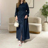 MQTIME  -  Fashion Lace-Up Long Sleeve Party Dress Elegant Lapel Single Breasted Solid Shirt Dress Women's Cotton Linen Pleated Long Dress