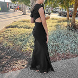 MQTIME  -  Elegant Hollow Out Irregular Evening Dress Women Sexy Slant Collar Slim Long Dress Fashion Hight Waist Solid Color Party Dresses