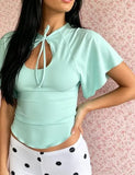 MQTIME  -  Solid Hollow Out Lace Up T-shirt Women Front Flutter Sleeve Fitted Waist Curved Hem Casual Tops Summer Daily Street Blouses