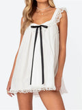 MQTIME  -  Women Mini Dress Lace Trim Fly Sleeve Bowknot Embellished Short Dress Summer Fashion Casual Dress