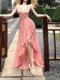 MQTIME  -  Chic Backless Maxi Dresses Women Print Sexy V Neck Suspender Irregular Ruffles Vestidos Beach Vacation Elegant Dresses