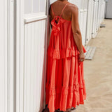 MQTIME  -  Boho Beach Dress Strapless Solid Color Cotton Maxi Dress Loose Fit Ruffled Candy Color Sundress Vacation Vestidos