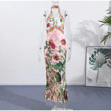  MQTIME  -  Print Long Dress For Women Stand Deep V-neck Sleeveless Backless Waist Cinching Robe Summer Elegant Female Party Dresses