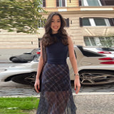 MQTIME  -  Vintage Preppy Plaid Skirt Sheer Chiffon Asymmetric Hem Midi Skirts Women Y2k Aesthetic Chic Female Retro Stylish Street Outfits