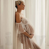 MQTIME  -  Pregnant Women Photography Dress Transparent Mesh Studded Pearl Sequin Two-Piece Set Maternity Photography Props Dress