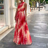 MQTIME  -  Casual Sleeveless Pleated Bohe Dress Sexy Slanting Shoulder Big Swing Long Dress Women Elegant Pattern Print Lace-Up Party Dress