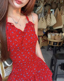MQTIME  -  Woman Dresses Floral Printed Sleeveless Halter Irregular Ruffles Bow Bandage Backless Sexy Mini Dress Sweet Elegant Party