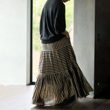 MQTIME  -  Maxi Skirts Vintage Style Striped Cotton Skirts Femme Japanese Long Skirt Loose Fit Stretch Waist Holiday Bottoms
