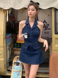 MQTIME  -  Summer Retro Blue Turn-down Collar Off Shoulder Button Denim Mini Dress Women Sleeveless High Waist A-line Jeans Short Dress New