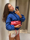 MQTIME  -  Fashion Lapel Blue Pocket Casual Jacket Long Sleeve Cropped Loose Autumn Chic Women Commute Daily Ladies Outerwear Street