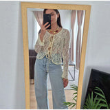 MQTIME  -  Sexy Lace Lace-Up Hollow Out Slim Tops Women Fashion V-Neck Full Sleeve Slim Female T-Shirt 2025 Summer Autumn Chic Lady Shirts