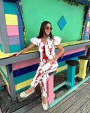 MQTIME  -  Cartoon Cray Printing Long Pants Set For Women 2024 Summer Short Sleeve Shirt High Waist Wide Leg Pant 2 Piece Sets Lady Outfits