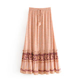 MQTIME  -  Women Bow Tassel Elastic Waist Wood Ears Ruffles Lace Swing Skirts Beach Holiday Orange Feather Floral Print Long Skirt