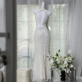 MQTIME  -  Glamorous White Halter Beaded Women's Mermaid Wedding Dresses V Neck Wrap Chiffon Detail Sparkly Luxurious Formal Bridal Gown
