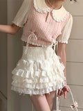 MQTIME  -  French Temperament Sweet Peter Pan Collar Short Sleeve Lace-up Knitted Short T-Shirts