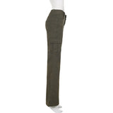 MQTIME  -  Vintage Low Rise Cargo Flare Pants Multi Pocket Streetwear Trousers