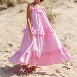 MQTIME  -  Boho Beach Dress Strapless Solid Color Cotton Maxi Dress Loose Fit Ruffled Candy Color Sundress Vacation Vestidos