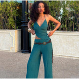 MQTIME  -  Sexy Knit Halter Top Pant Sets Women Asymmetric Backless Sleeveless Crop Vests Wide Leg Pants 2025 Summer Lady Holiday Outfits