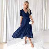 MQTIME  -  European and American Summer Dresses Flowers, Lace, Short Sleeves High Waist and A-shaped Elegant Parties Long Skirts and Women.